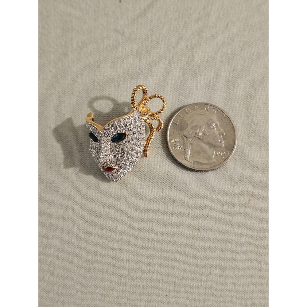 Vintage Venetian Masquerade Mask Brooch Gold Tone Swarovski Enamel Pin